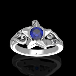 Silver Kingdom Hearts Paopu Fruit Engagement Ring - Wayfinder Ring - Wedding Ring With Lab Sapphire and Moissanite - Cosplay Wedding