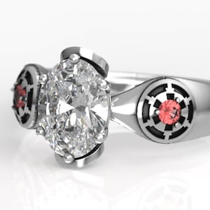 Ladies White Gold Galactic Empire Dark Side Star Wars Engagement Ring with 1.5 Carat Oval Moissanite -  Darth Maul Ring - Geeky Gift for Her