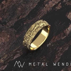 Anillo de rama de árbol de oro o plata, alianza de corteza de Ponderosa natural de 6 mm, anillo de bosque natural