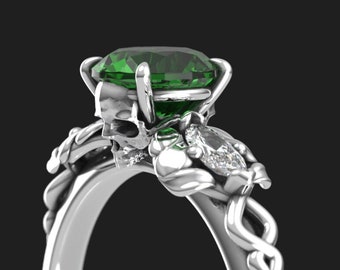 Leafy Skull Engagement Ring with Lab Emerald - Claw Prong Ring - Alternative Gothic Engagement Ring - Goth Elvish Ring