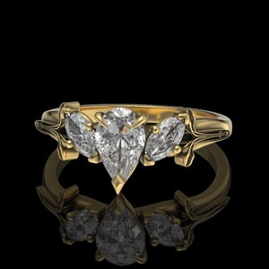 Elvish Engagement Ring with Pear Cut Moissanite or Lab Diamond - Art Nouveau Flower White Gold Ring - Gift for Her