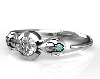 Star Wars Inspired Engagement Ring- Silver or White Gold Ring With Moissanite and Teal Blue Diamond - Star Wars Promise Ring