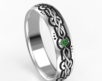 Elvish Fantasy Men's Wedding Band with Lab Emerald - 5mm Men's Elven Wedding Ring in Silver or Gold - Promise Ring