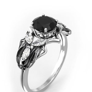 Fantasy Engagement Ring with 1 carat Black Diamond - Art Nouveau Elf Ring