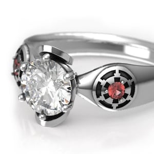 Women&#39;s White Gold Galactic Imperial Engagement Ring with 1 Carat Moissanite - Star Wars Ring - Nerdy Engagement Ring - Darth Maul Ring