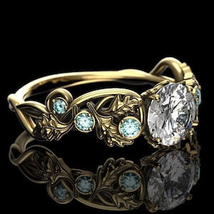 Gold Oak Leaf Nature Ring - 1 Carat Lab Diamond Elvish Engagement Ring with Aqua Diamond Accents - Unique Proposal Ring