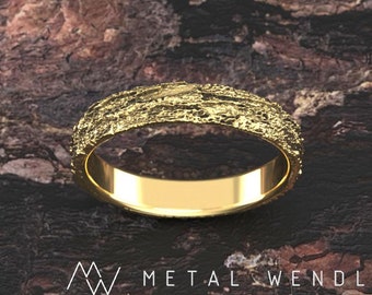 Aliança de casamento em formato de casca de árvore, em ouro 14k ou prata de lei. Anel da Floresta
