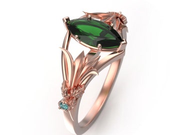 Elven Crown Engagement Ring with Lab Emerald - Oak Leaf Engagement Ring - Fantasy Tiara Engagement Ring