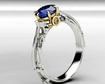 Kingdom Hearts Inspired  Keyblade Engagement Ring  - Two Tone White and Yellow Gold with Solitaire Chatham Sapphire and Diamond