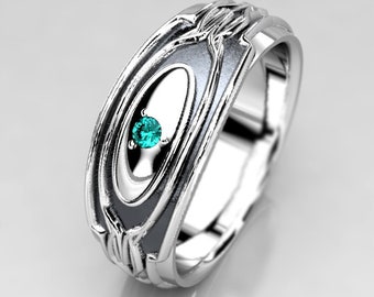 Wakanda Wedding Ring in Sterling Silver - 7mm Black Panther Inspired Mens Wedding Band with Teal Blue Diamond