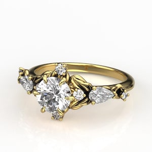 Nature Inspired Gold Engagement Ring with Moissanite - Ethereal Elf Wedding Ring - Yellow, White, and Rose Gold Ring