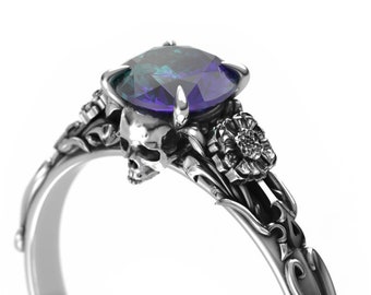 Edwardian Floral 1 Carat Lab Alexandrite Skull Engagement Ring - Alternative Gothic Engagement Ring with Marigold