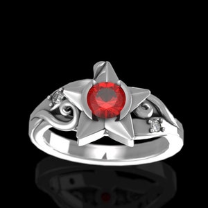 Silver Kingdom Hearts Paopu Engagement Ring - With Lab Ruby and Moissanite - Kingdom Hearts Wayfinder Wedding Ring