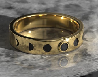 Gold Moon Ring with Black Diamond - Celestial Moon Phase Wedding Band - Goth Engagement Ring in Silver or Gold