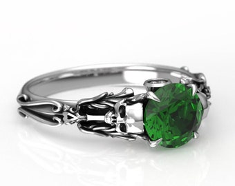 Edwardian 1 carat Skull Engagement Ring - Lab Emerald and Diamond - Alternative Viking Gothic Engagement Ring