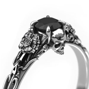 Black Diamond Skull Engagement Ring - Alternative Gothic Engagement Ring with Marigold - Edwardian Floral Promise ring