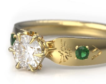 Geeky 6 Claw Fantasy Ring - Zelda Inspired Ring with certified Moissanite and Lab Emerald in Yellow Gold