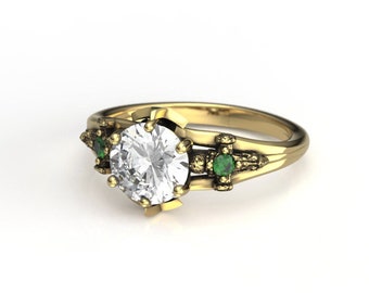 Firefly Serenity Ring in Yellow Gold, 7mm  1 carat Moissanite and Lab Emerald Ring, Brown Coat Geek Engagement Ring