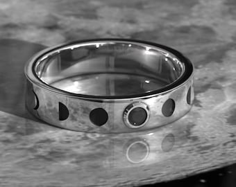 Moon Phase Black Diamond Ring – Celestial Band in Silver or Gold