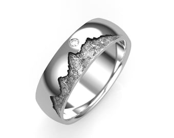 Grand Teton Wedding Band with 2mm Diamond, in Silver or Gold - 7mm Wide Rocky Mountain Wyoming Nature Ring