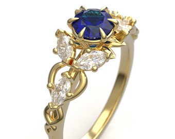 Gold Elven Engagement Ring – Lab Sapphire, Moissanite Fairy Ring