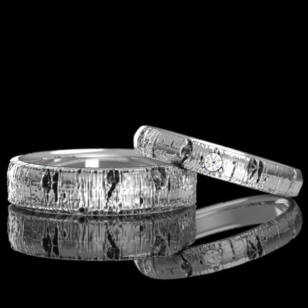 Silver Aspen Tree Bark Wedding Rings- Nature Wedding Ring Set - Matching Branch Wedding Bands