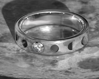 Anillo de fases lunares con moissanita - Alianza de boda celestial de plata de ley u oro macizo