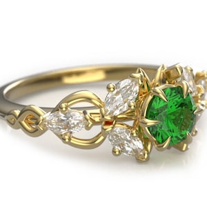 Gold Elvish Engagement Ring with Lab Emerald - Art Nouveau Engagement Ring - Elven Fantasy Ring