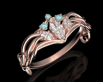 Snow Queen Luxe - Woodlands Elven Tiara Ring with Marquise Diamond - Art Nouveau Alternative Engagement Ring - Fantasy Ring