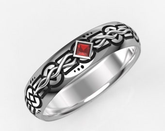 Elvish Fantasy Men's Wedding Band with Square Cut Lab Ruby - 5mm Men's Elven Wedding Ring in Silver or Gold - Promise Ring