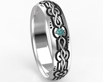 Elvish Fantasy Men's Wedding Band with Teal Blue Diamond - 5mm Men's Elven Wedding Ring in Silver or Gold - Promise Ring