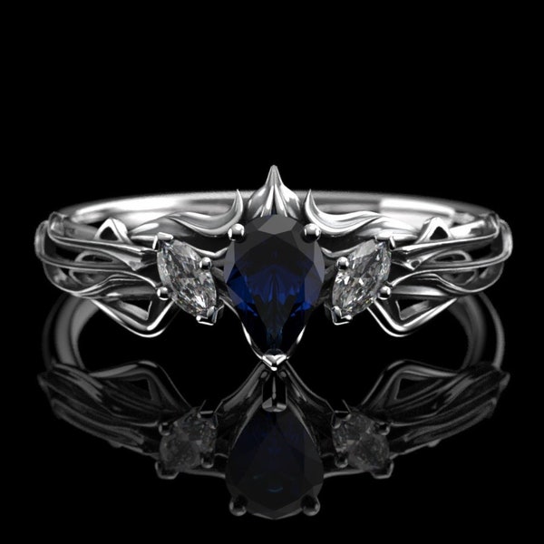 Elven Crown Engagement Ring with Pear Cut Sapphire - Art Nouveau Alternative Engagement Ring - Tiara Crown Ring