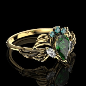 Elvish Crown Engagement Ring with Pear Cut Lab Emerald and diamonds - Tiara Ring  - Art Nouveau Alternative Engagement Ring