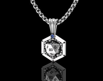 Silver D20 Die Necklace with Lab Sapphire - Dungeons and Dragons Pendant