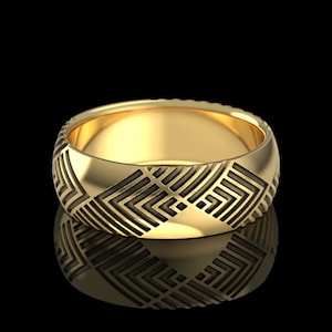 Silver or Gold Art Deco Men&#39;s Wedding Band, Vintage Inspired 8mm Ring with Geometric Chevron Pattern