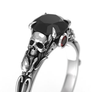 Skull Engagement Ring with 1 carat Black Moissanite Goth Engagement Ring with Lab Ruby - Tulip Floral Wedding Ring