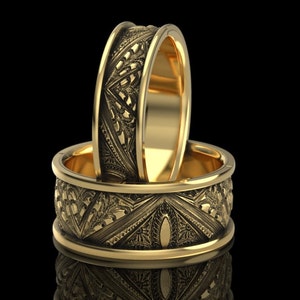 Gold or Silver Art Deco Matching Etched Wedding Band Set, Geometric 9mm Wide Ring - Goth Nature Ring Set - Anniversary Gift for Him