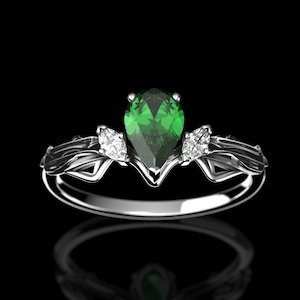 Elven Crown Engagement Ring with Pear Cut Lab Emerald - Art Nouveau Alternative Engagement Ring - Tiara Ring