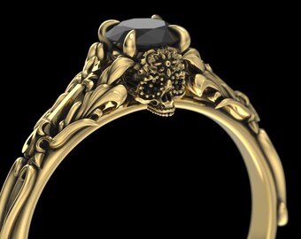 Anillo de calavera de azúcar del Día de los Muertos - Anillo de compromiso gótico con diamante negro
