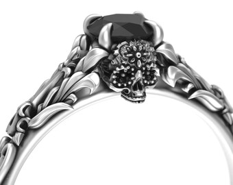 Anillo de calavera de azúcar con diamantes negros – Boda gótica, Día de los Muertos