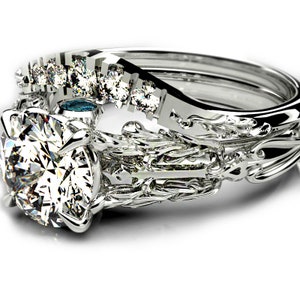 White Gold Oathkeeper Wedding Set - Victorian Edwardian Themed Engagement Ring - with 6.5mm Moissanite and Blue Diamond