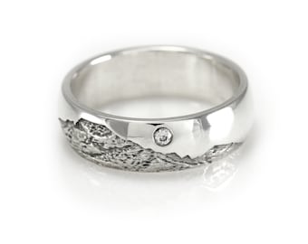 Colorado Mountain Wedding Band with Diamond - 7mm Wide Long's Peak Mountain Ring