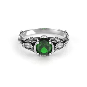 Women's Engagement Ring with 6mm Round Lab Emerald Ladies Fantasy Silver or Gold Engagement Ring Promise Ring image 4