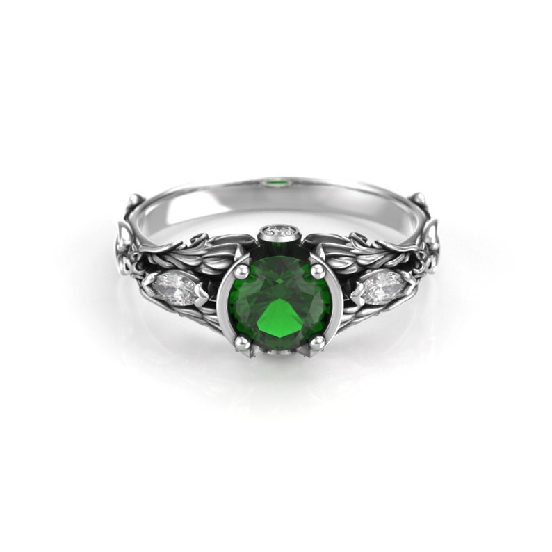 Women's Engagement Ring with 6mm Round Lab Emerald Ladies Fantasy Silver or Gold Engagement Ring Promise Ring image 4