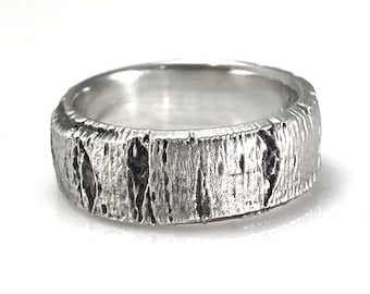 Silver Aspen Tree Bark Wedding Band - 7mm Wide Unisex Nature Ring - Promise ring