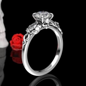 Leafy Skull Engagement Ring with Moissanite - Claw Prong Ring - Alternative Gothic Engagement Ring - Goth Elvish Ring