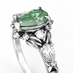 White Gold Botanical Leaf Engagement Ring - Pear Cut Green Lab Sapphire and Moissanite - Ethereal Nature Inspired Wedding Ring