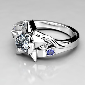 Silver Women&#39;s Kingdom Hearts Paopu Engagement Ring - Wayfinder - Wedding Ring With Moissanite and Lab Sapphire