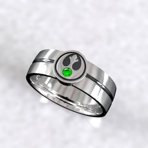 Men&#39;s Star Wars Rebel Alliance Inspired Silver Ring with lab Emerald - Wedding Ring - Geek Engagement Ring - Gift for Him
