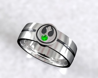 Men&#39;s Star Wars Rebel Alliance Inspired Silver Ring with lab Emerald - Wedding Ring - Geek Engagement Ring - Gift for Him